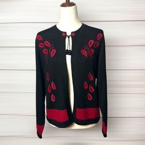 Alpaca Style Artesanias A.T. 100% Alpaca Cardigan Black Red Embroidery Tie Neck